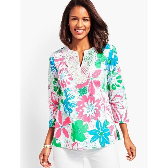 Talbots Women's Pink Anguilla Floral Print Lace Bib Tunic Top Size Medium - Picture 1 of 7